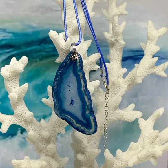 Handcrafted Blue Druzy Geode Agate Slice Necklace on Waxed Cotton Cord - Picture 2 of 13